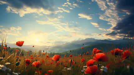 A field of poppies swaying in the breeze.