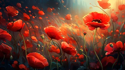 Foto auf Glas A field of poppies swaying in the breeze. © Muhammad