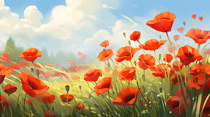 A field of poppies swaying in the breeze.