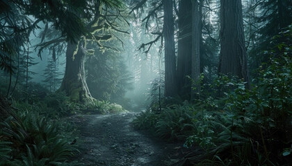 Fototapeta premium Photo of a pacific northwest forrest on a rainy day, foggy and mystic mountain forrest, gloomy dark forest during a foggy day, North Vancouver, British Columbia, Canada, European forrest