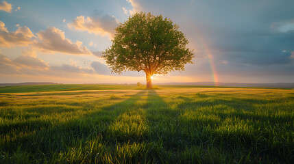 Um cenário de esperança e renovação árvore solitária campo verde sol dourado arcoíris ao longe - obrazy, fototapety, plakaty