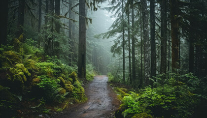 Obraz premium Photo of a pacific northwest forrest on a rainy day, foggy and mystic mountain forrest, gloomy dark forest during a foggy day, North Vancouver, British Columbia, Canada, European forrest