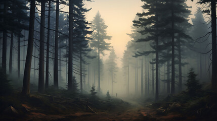 A foggy morning in a pine forest. - obrazy, fototapety, plakaty