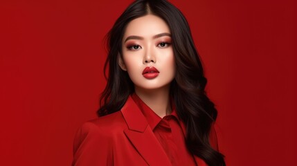 asian woman in business suit with red background, ai
