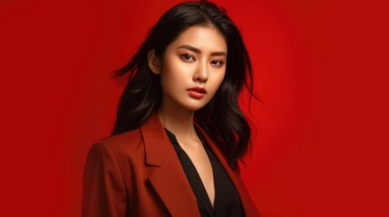 asian woman in business suit with red background, ai