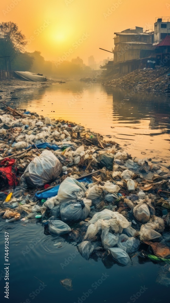 Poster garbage and plastic floating in the water at sunset. generative ai.