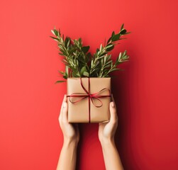 Woman's hands holding gift box with green plant on red background. Generative AI.