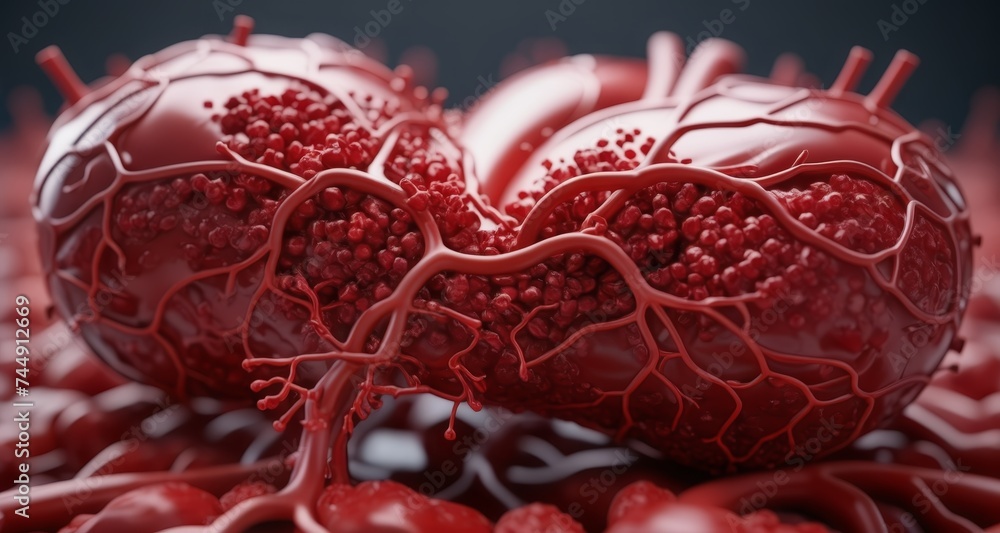 Poster a close-up view of a heart with its intricate network of blood vessels