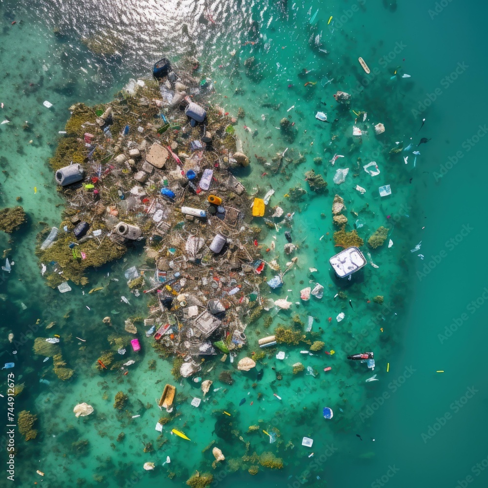 Poster an aerial view of garbage floating in the ocean. generative ai.