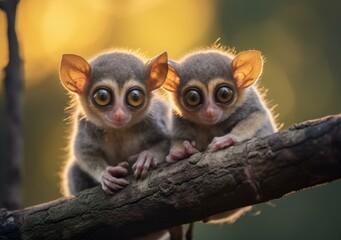 Obraz premium Two small animals sitting on a branch. Generative AI.