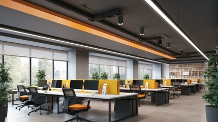 Modern office with yellow and orange accents. Generative AI.