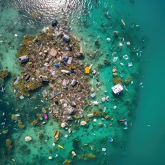 Fototapeta na wymiar An aerial view of garbage floating in the ocean. Generative AI.