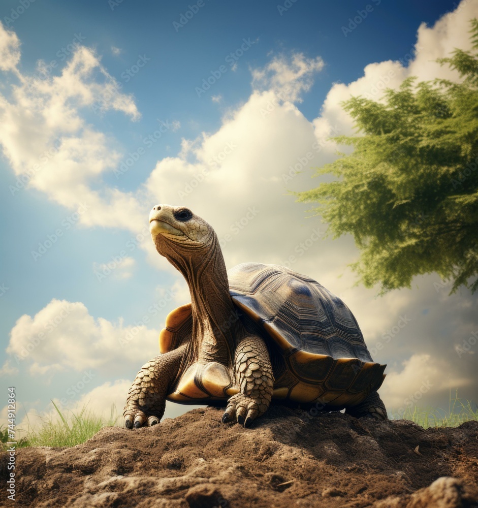 Poster a turtle is sitting on a rock in the grass. generative ai.
