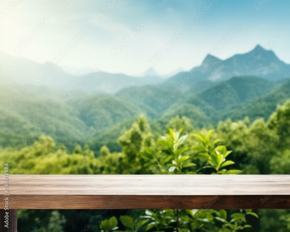 Aufkleber table top on a green background with mountains in the background. generative ai.