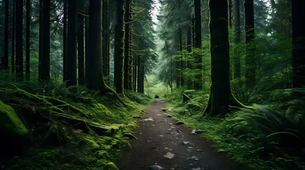 Keuken spatwand met foto A hiking trail leading through a dense forest. © Muhammad