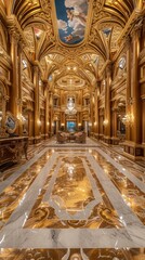 Naklejka premium A luxurious ballroom with golden-trimmed marble floors, ornate furnishings, and gilded accents. Generative AI.