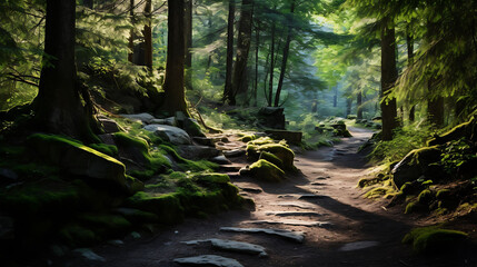 A hiking trail leading through a dense forest. - obrazy, fototapety, plakaty