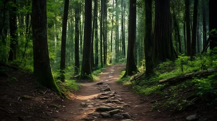 Zelfklevend Fotobehang A hiking trail leading through a dense forest. © Muhammad