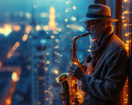 A charismatic saxophonist plays jazzy tunes against a city skyline backdrop, captivating the night. Generative AI.