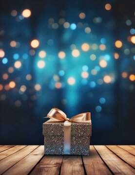 Christmas gift box on wooden table with blurred bokeh lights background. Generative AI.