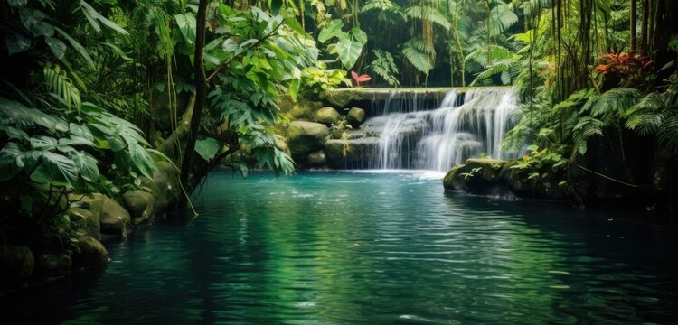A waterfall in the jungle with lush vegetation and water. Generative AI.