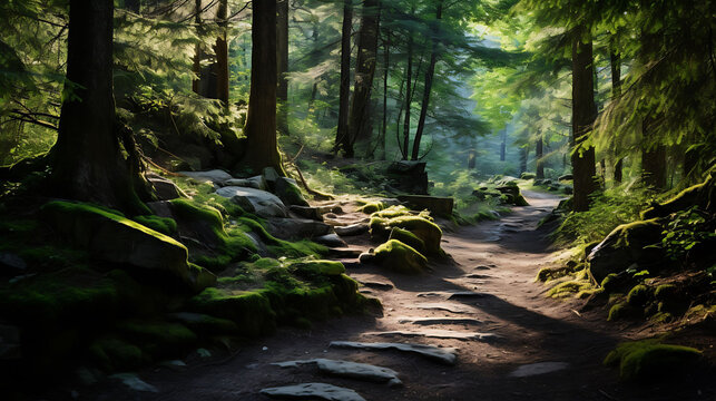 A hiking trail leading through a dense forest.