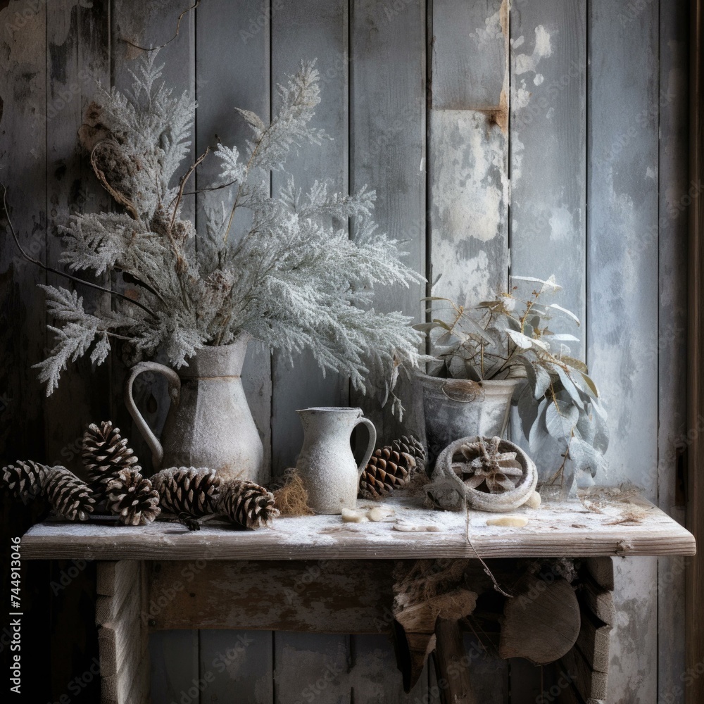 Poster a table with a vase of pine cones and a pot of evergreen. generative ai.