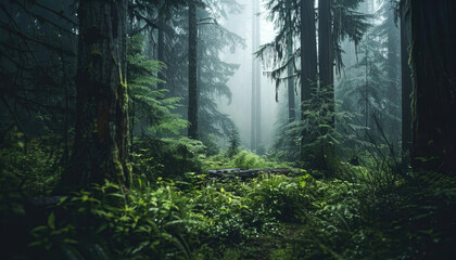 Obraz premium Photo of a pacific northwest forrest on a rainy day, foggy and mystic mountain forrest, gloomy dark forest during a foggy day, North Vancouver, British Columbia, Canada, European forrest