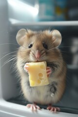 A cute hamster enjoying a cheesy treat in the fridge. Generative AI.