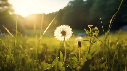 Foto op Canvas A lone dandelion in a field of grass. © Muhammad