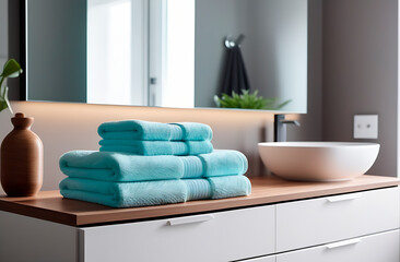 Stack of blue terry towels on table in bathroom - 744913215