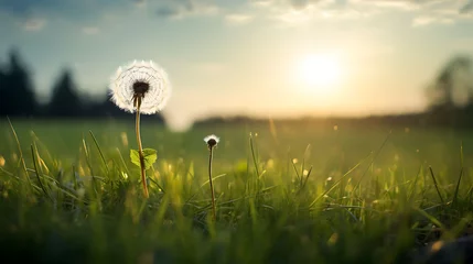 Fotobehang A lone dandelion in a field of grass. © Muhammad