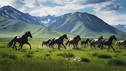A mountain meadow filled with wild horses. - obrazy, fototapety, plakaty
