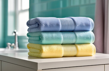 Stack of colored terry towels on table in bathroom