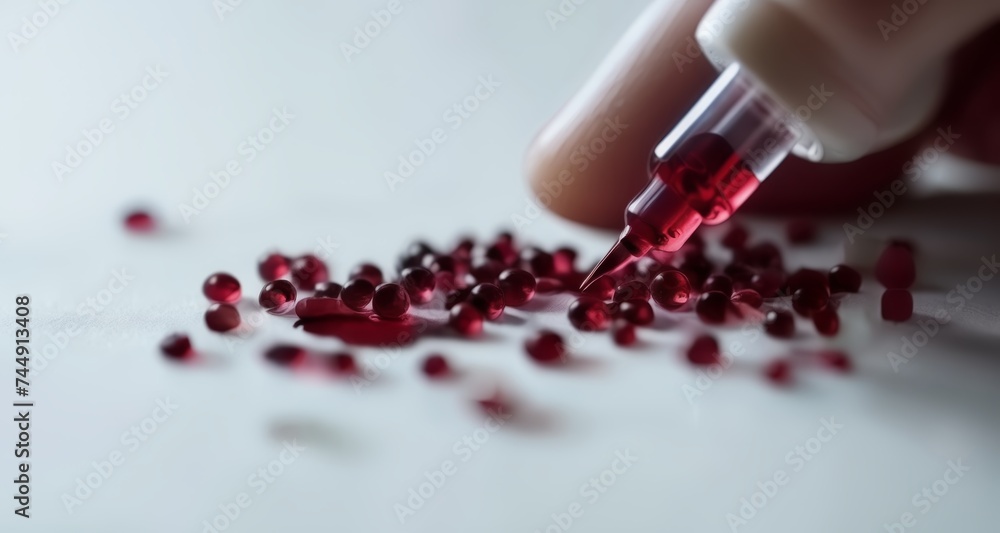 Poster precise scientific testing with a pipette and red beads