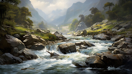 Naklejka na ściany i meble A mountain river flowing over smooth rocks.