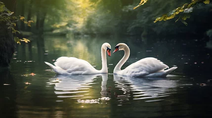 Rolgordijnen A pair of swans gliding on a serene pond. © Muhammad