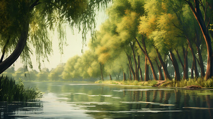 A peaceful row of willow trees by a river.