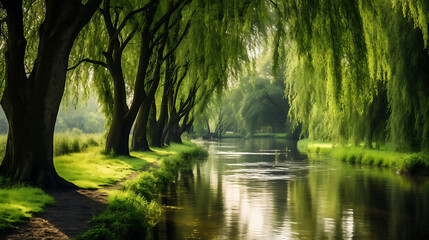 A peaceful row of willow trees by a river.