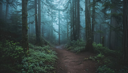 Fototapeta premium Photo of a pacific northwest forrest on a rainy day, foggy and mystic mountain forrest, gloomy dark forest during a foggy day, North Vancouver, British Columbia, Canada, European forrest