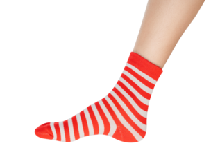 Woman wearing colorful socks on isolated white background.