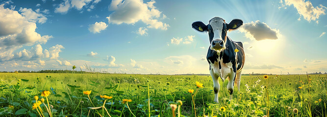 cow on the background of sky and green grass.cow on farm organic concept