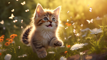 Naklejka na ściany i meble A playful kitten chasing butterflies.