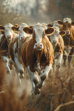 A herd of Simmental cattle running.cow on farm organic concept