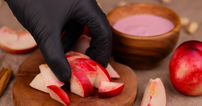 preparation of nectarine yogurt using fresh ripe nectarines, yogurt with flavor and pieces of nectarines