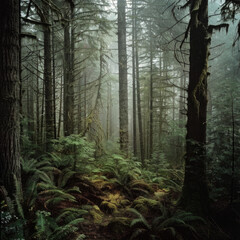 Obraz premium Photo of a pacific northwest forrest on a rainy day, foggy and mystic mountain forrest, gloomy dark forest during a foggy day, North Vancouver, British Columbia, Canada, European forrest