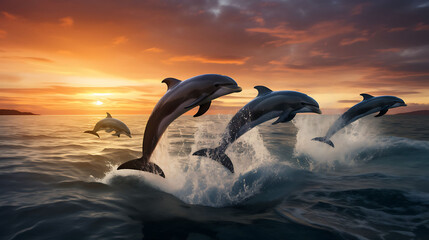 A pod of dolphins leaping in the ocean.