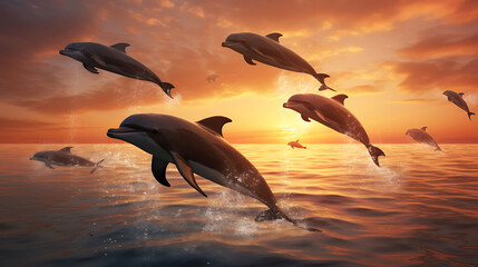 A pod of dolphins leaping in the ocean. - obrazy, fototapety, plakaty