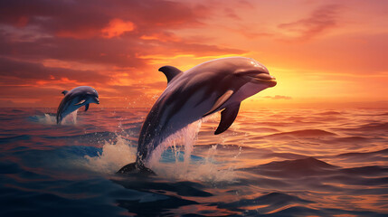 A pod of dolphins leaping in the ocean. - obrazy, fototapety, plakaty