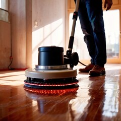Worker polishing floor with polishing machine, maintenance janitorial work on building - 744914089